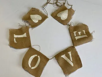 Love Burlap Banner with White texts, Hearts, and Flags