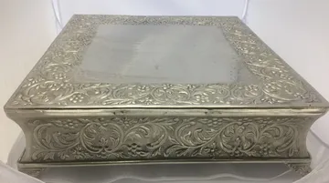 Square Embossed Silver Cake Stand with Dimensions