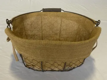 Oval Brown Metal Basket with Burlap Lining