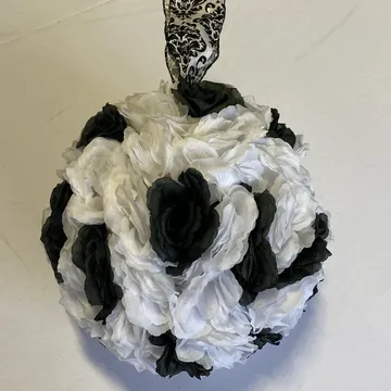 Large Black and White Kissing Ball with Damask Ribbon